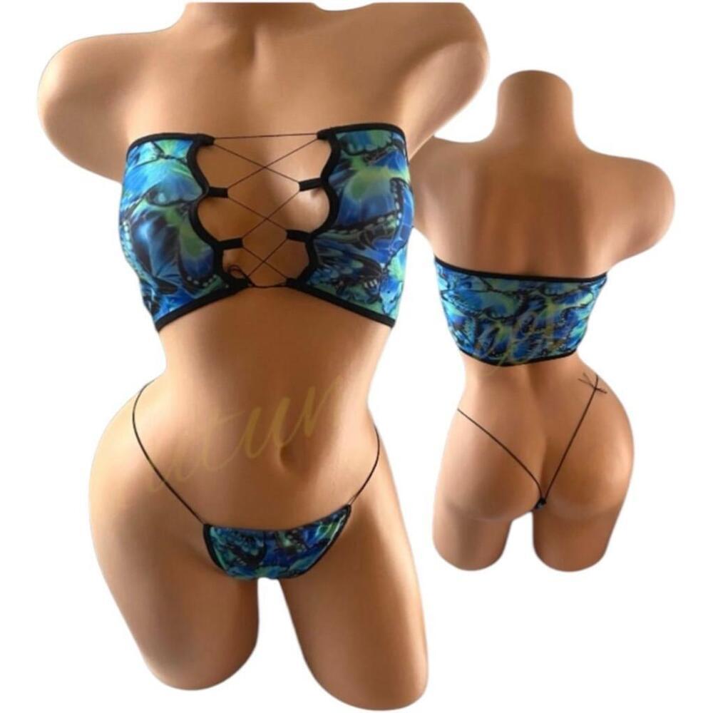 Women's Dreamgirl Rave Butterfly Print Bandeau Set - Blue/Green